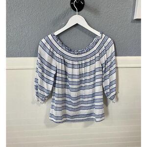 INC White/Blue Stripe Ruffle Boat Neck Blouse Women's Size XS